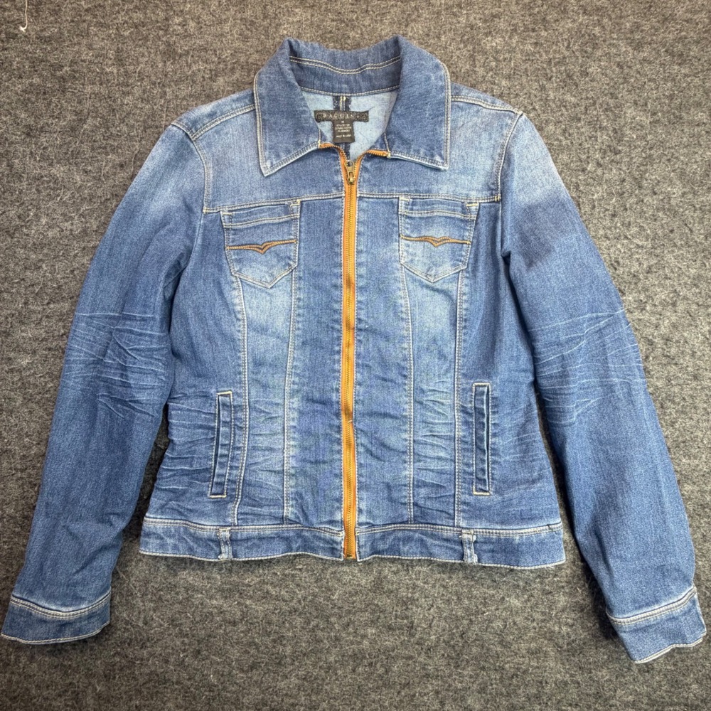 Baccini Denim Jacket Women Medium Blue Full Zip Ruched Side Moto Style